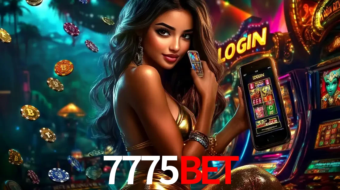 Mulher em um cenário de cassino temático de aventura, mostrando o app de caça-níqueis da 7775bet no celular. Fichas de apostas flutuam ao redor.