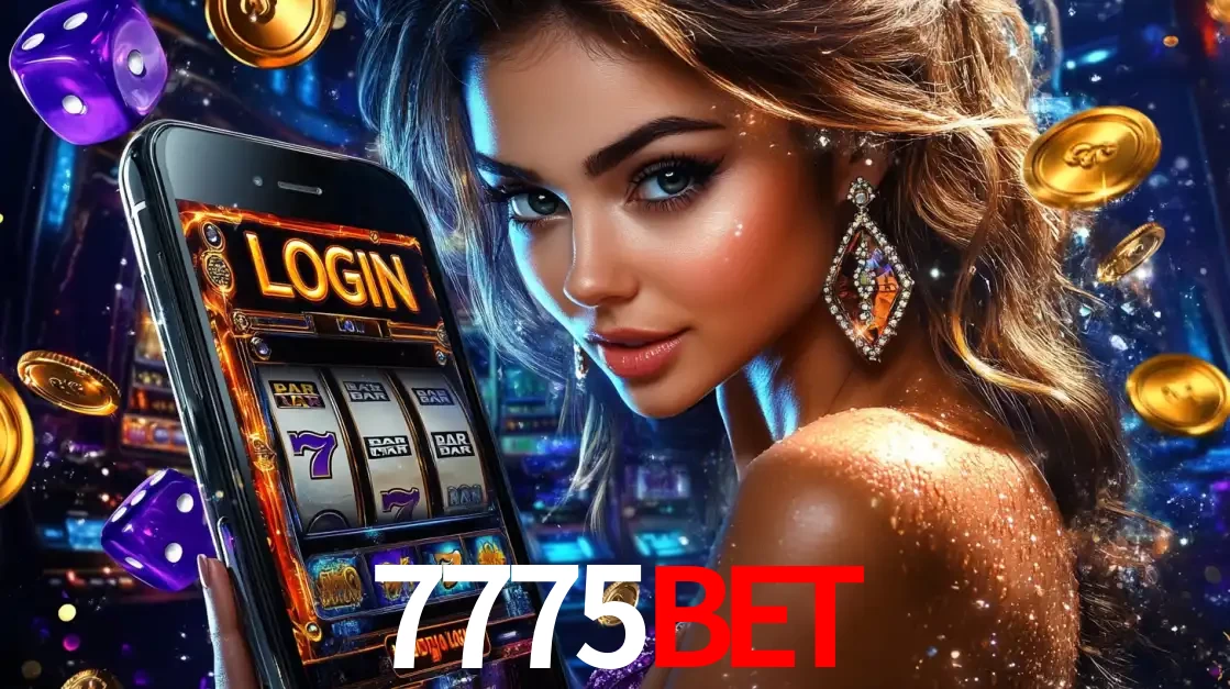 Mulher glamorosa segurando um smartphone com a tela de login para os jogos de caça-níqueis do cassino online 7775bet, com moedas de ouro e dados ao redor.