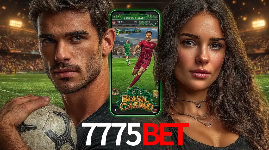 Homem segurando uma bola de futebol e uma mulher ao lado de um smartphone exibindo o jogo de apostas esportivas da 7775bet. Faça seu palpite no cassino online.